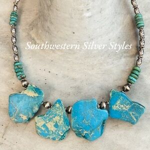 Tribal Turquoise Blue Sea Sediment Jasper Sterling Silver Navajo Pearls Necklace